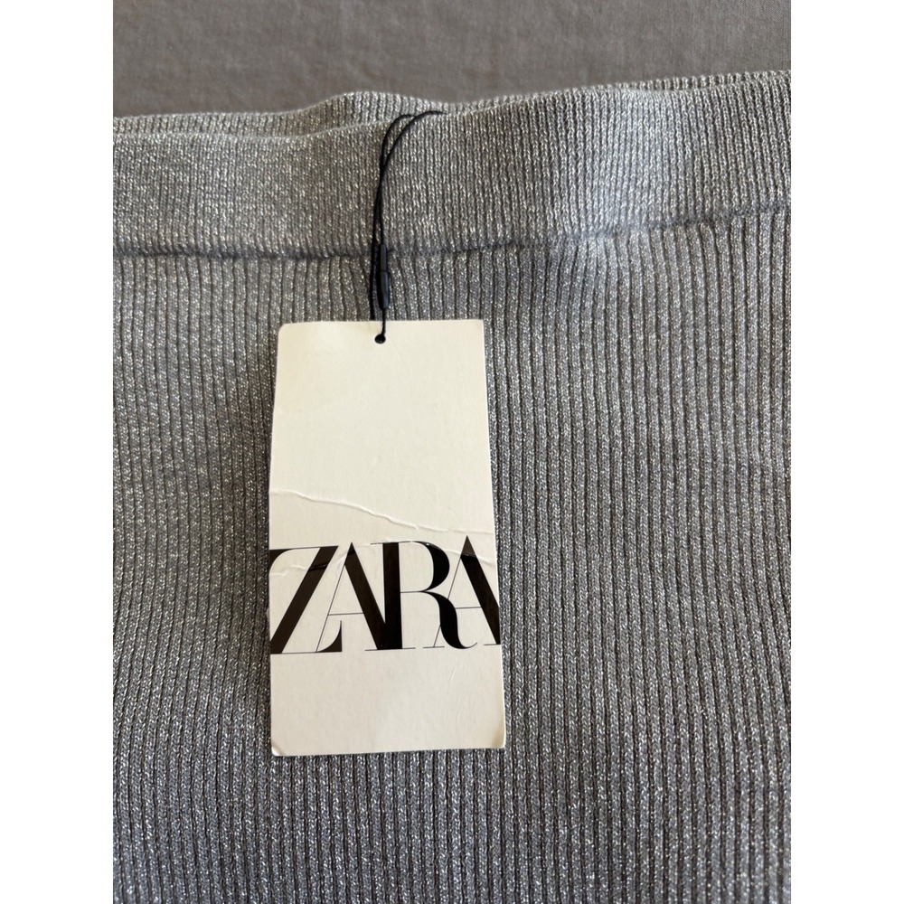 Zara Metallic Silver Ribbed Knit 2 Piece Crop Top and Midi Skirt Sz S top sz M - Picture 5 of 9